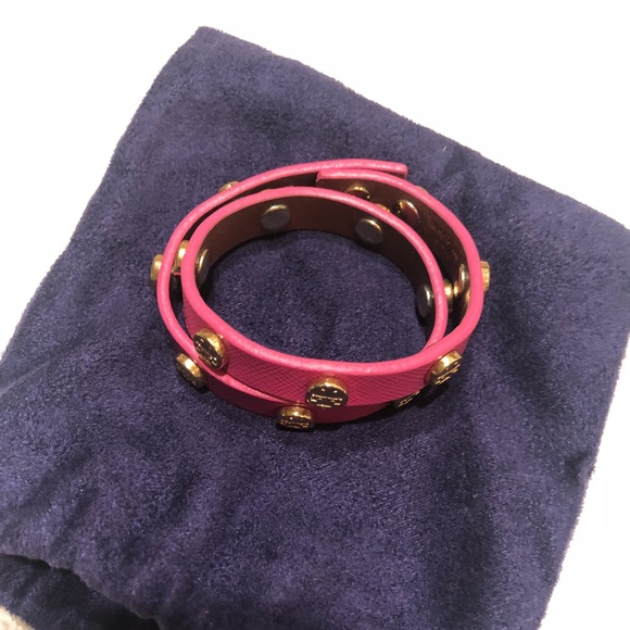 Tory Burch Other - Tory Burch pink leather bracelet with gold logos